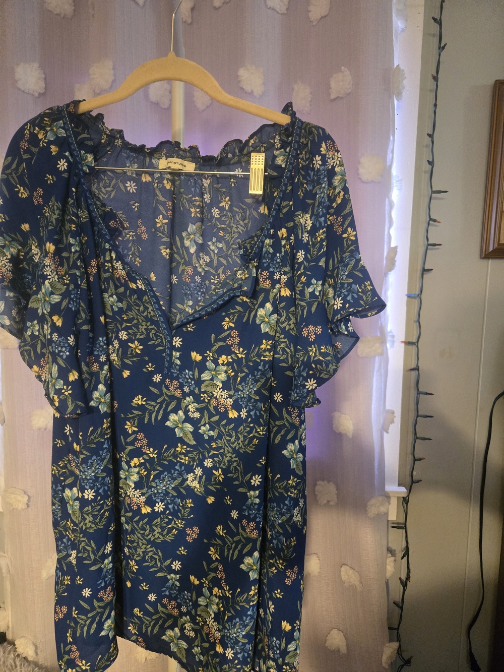 Max Studio 2X Navy Blue Floral Ruffle Flutter Sleeve Blouse